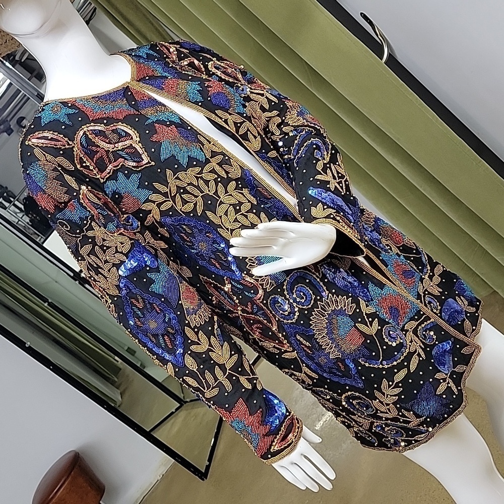 Vintage Tan-Chho 100% Pure Silk Long Beaded Jacket Sequin Embellished Duster - Picture 8 of 15